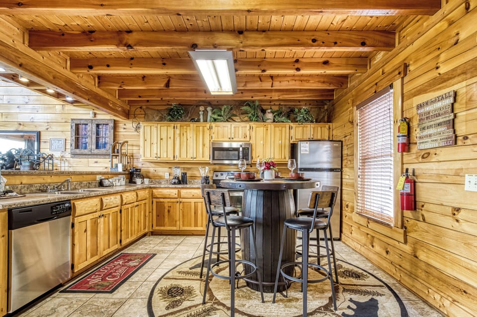 Smoky Mountain Cabin with a View "Bear's View" - Fully furnished kitchen with high top table and chairs