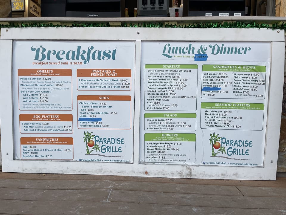 Menu at Upham beach, generous portions!
