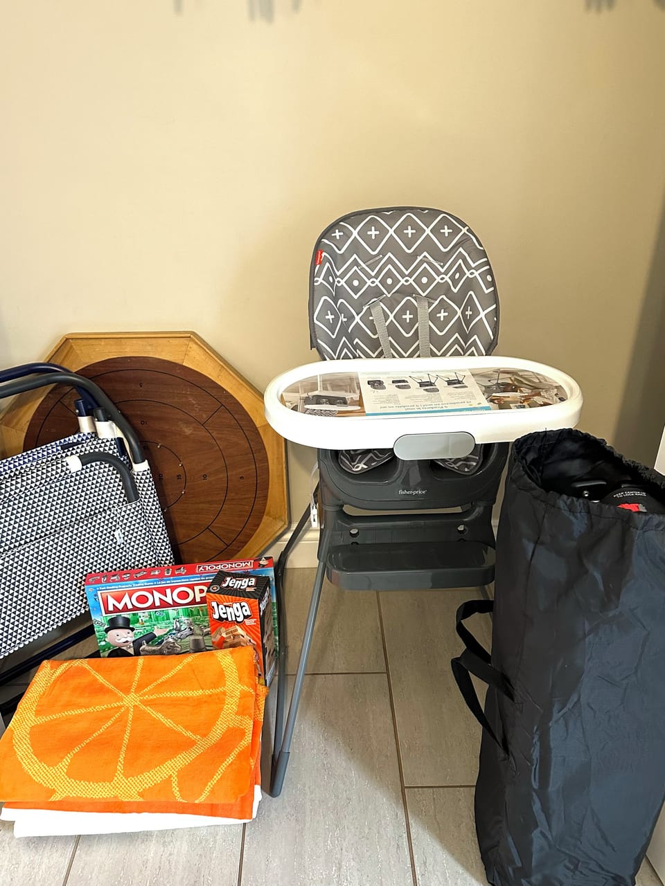 Pack n play, high chair, beach chairs (2), beach towels, board games