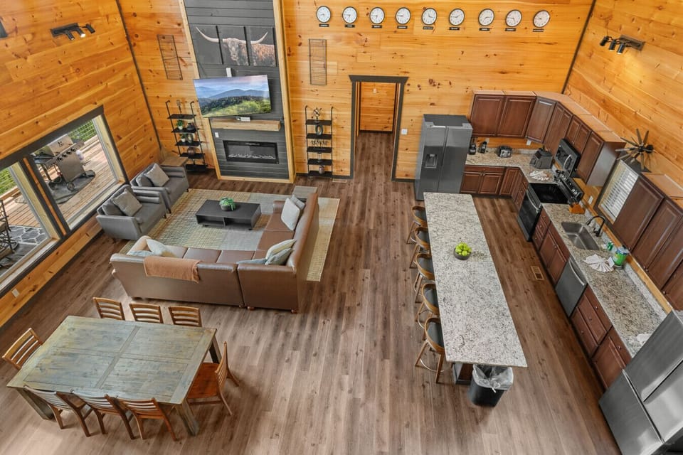Spacious layout connecting kitchen and living areas — perfect for large groups to stay connected.