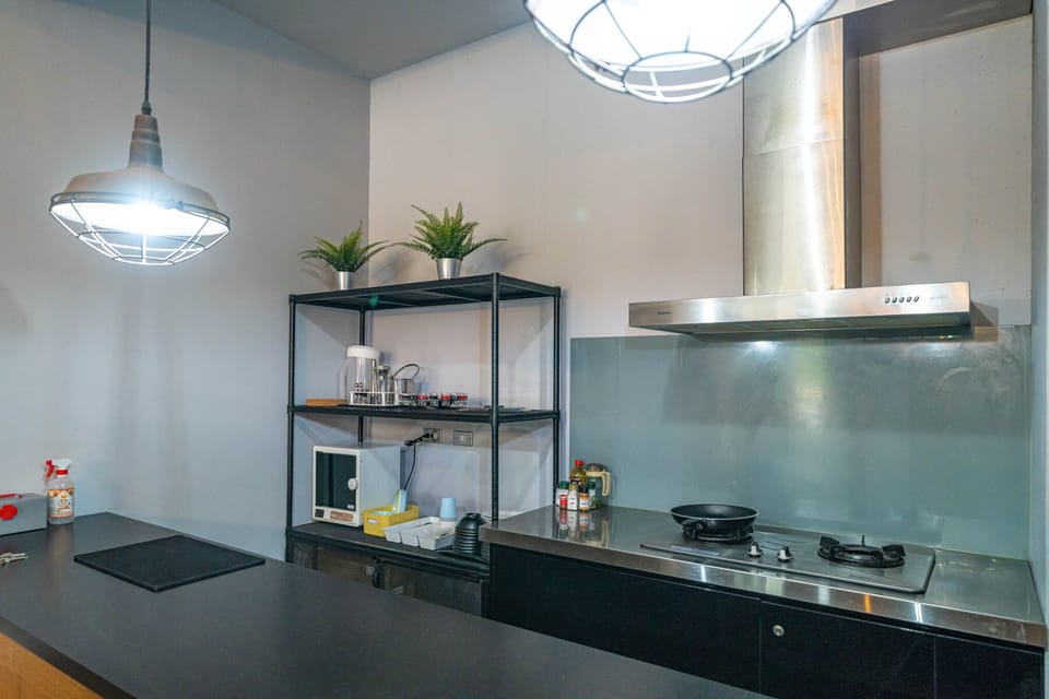 Fridge, highchair, griddle, cookware/dishes/utensils