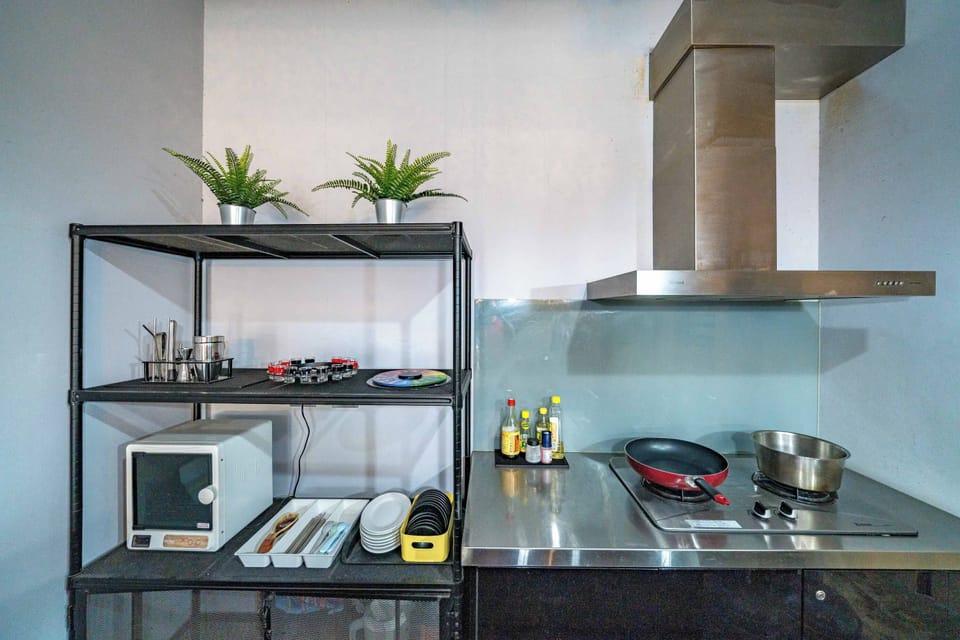 Fridge, highchair, griddle, cookware/dishes/utensils
