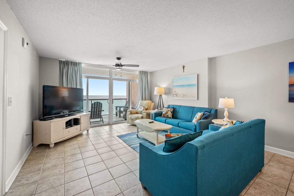The ocean front living room is fabulous for movie night with the family.