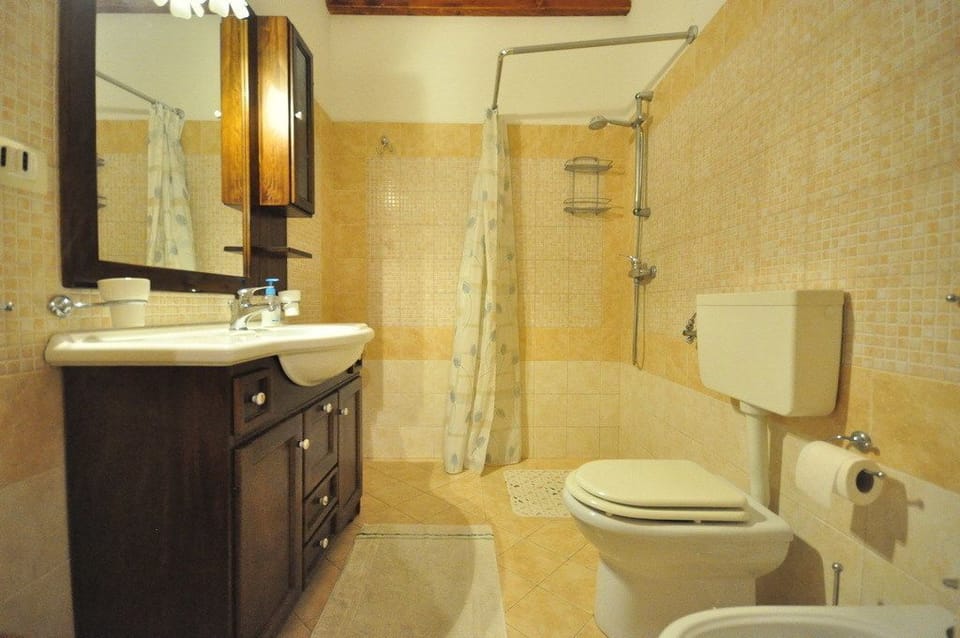 Combined shower/tub, rainfall showerhead, free toiletries, hair dryer
