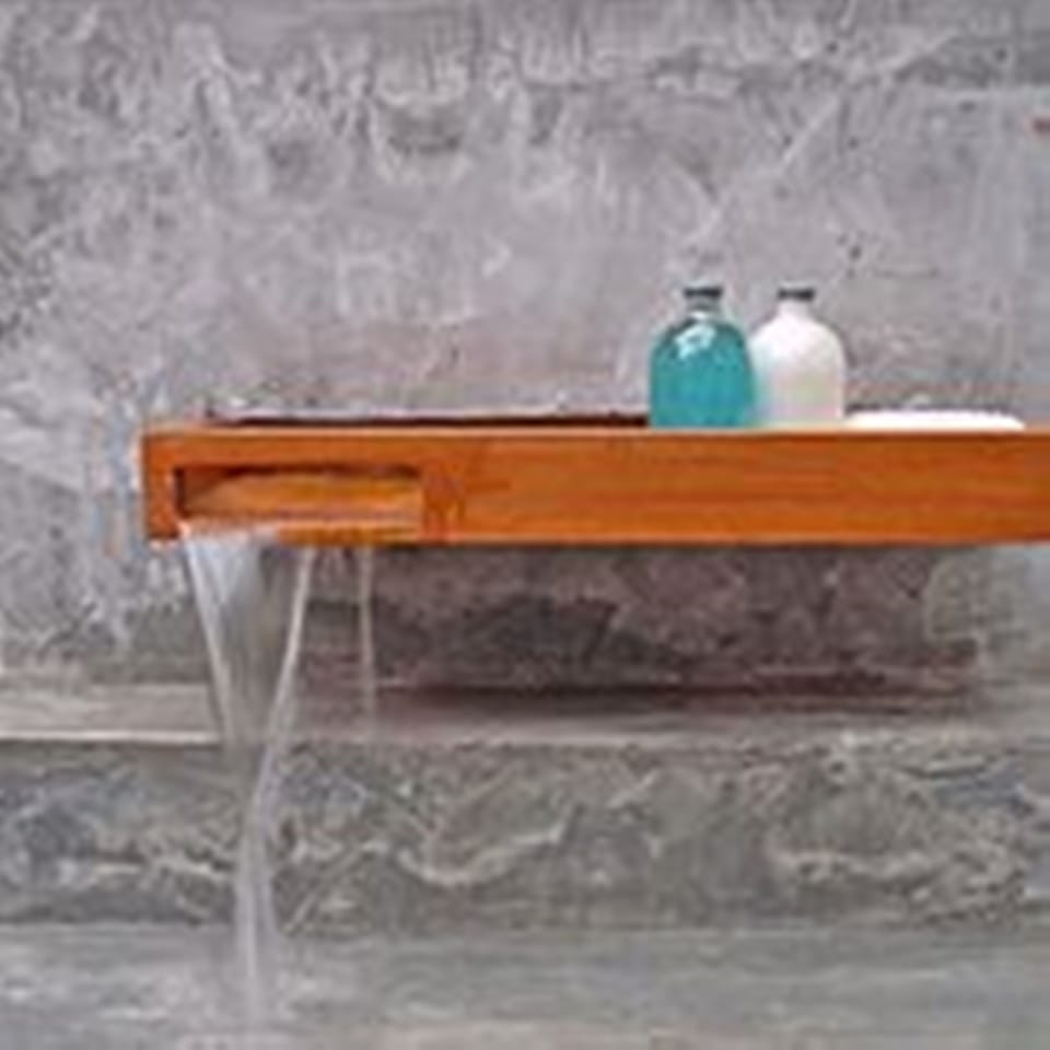 Shower, rainfall showerhead, hair dryer, towels