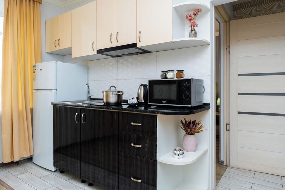 Economy Apartment | Private kitchen | Fridge, microwave, stovetop, electric kettle