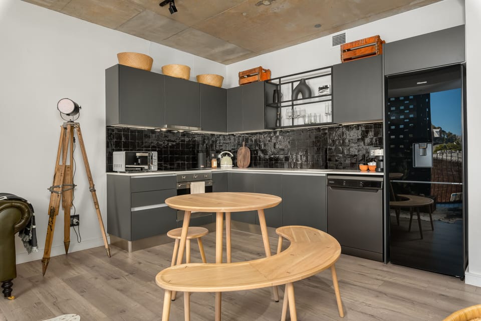 Luxury Apartment | Private kitchen | Full-size fridge, microwave, oven, stovetop