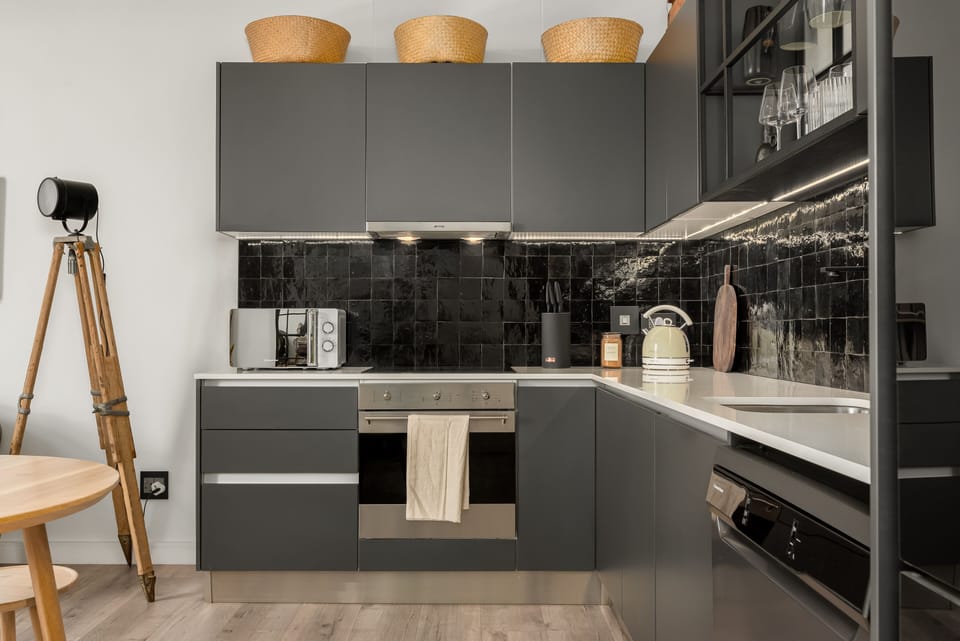 Luxury Apartment | Private kitchen | Full-size fridge, microwave, oven, stovetop