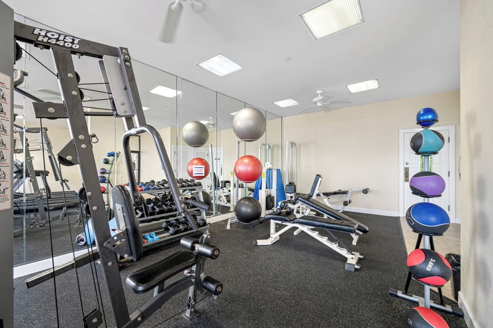 Everything you need to stay fit—weights, machines, and mirrors galore.