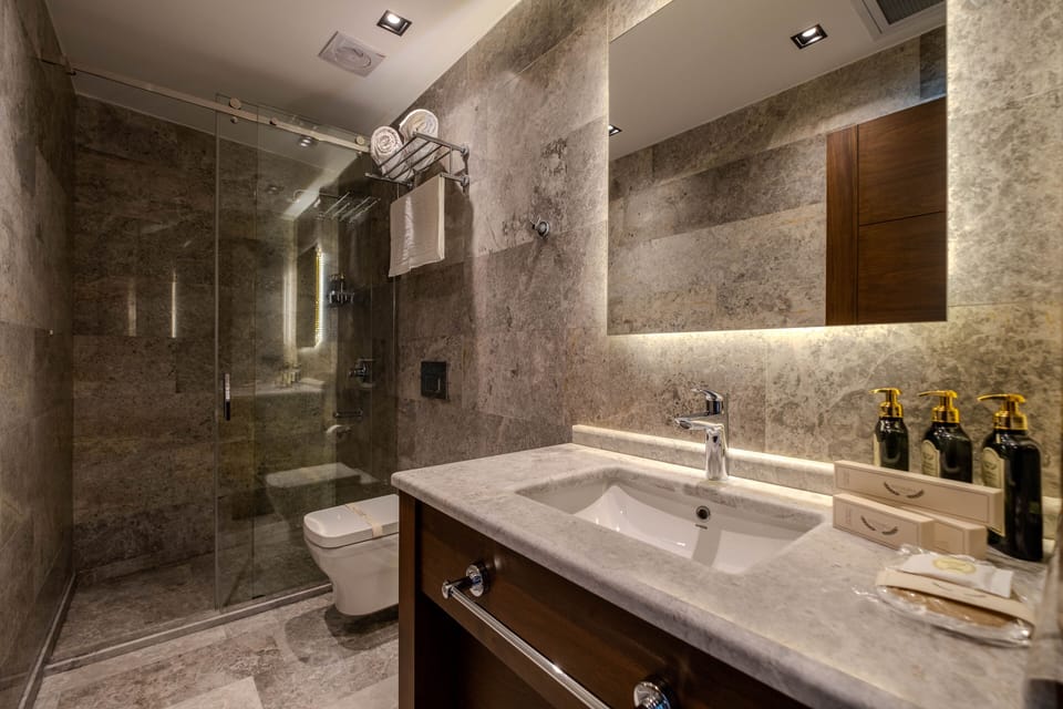 Shower, free toiletries, hair dryer, bathrobes