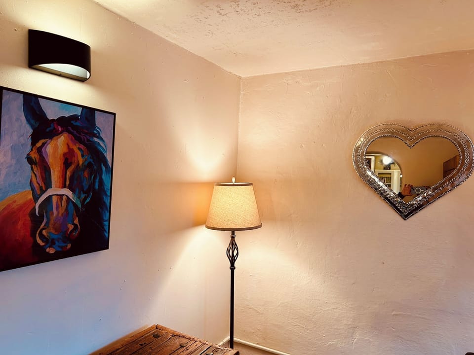 Office space with art and lighting.