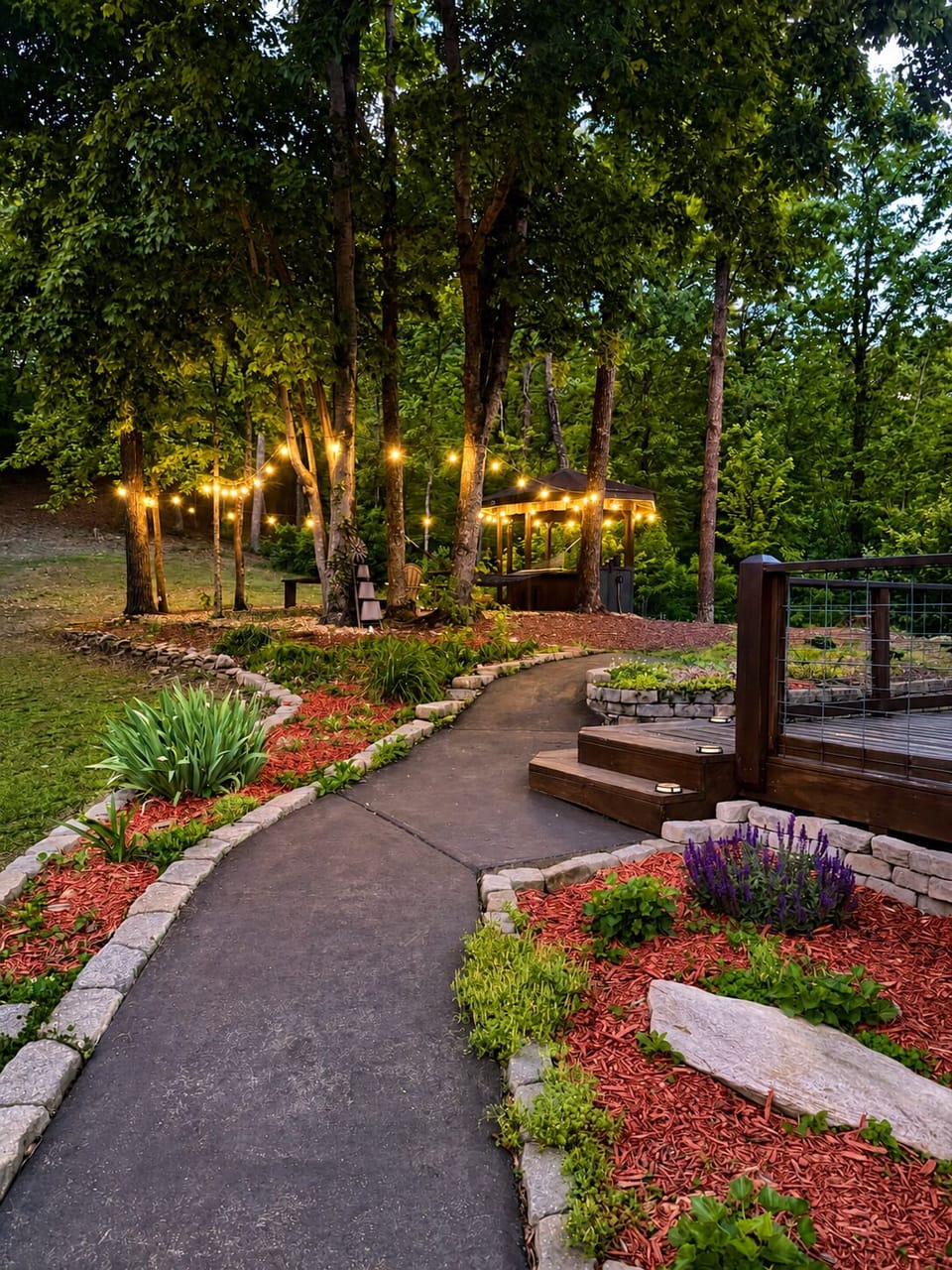 Peaceful wooded retreat with string lights and private outdoor spaces