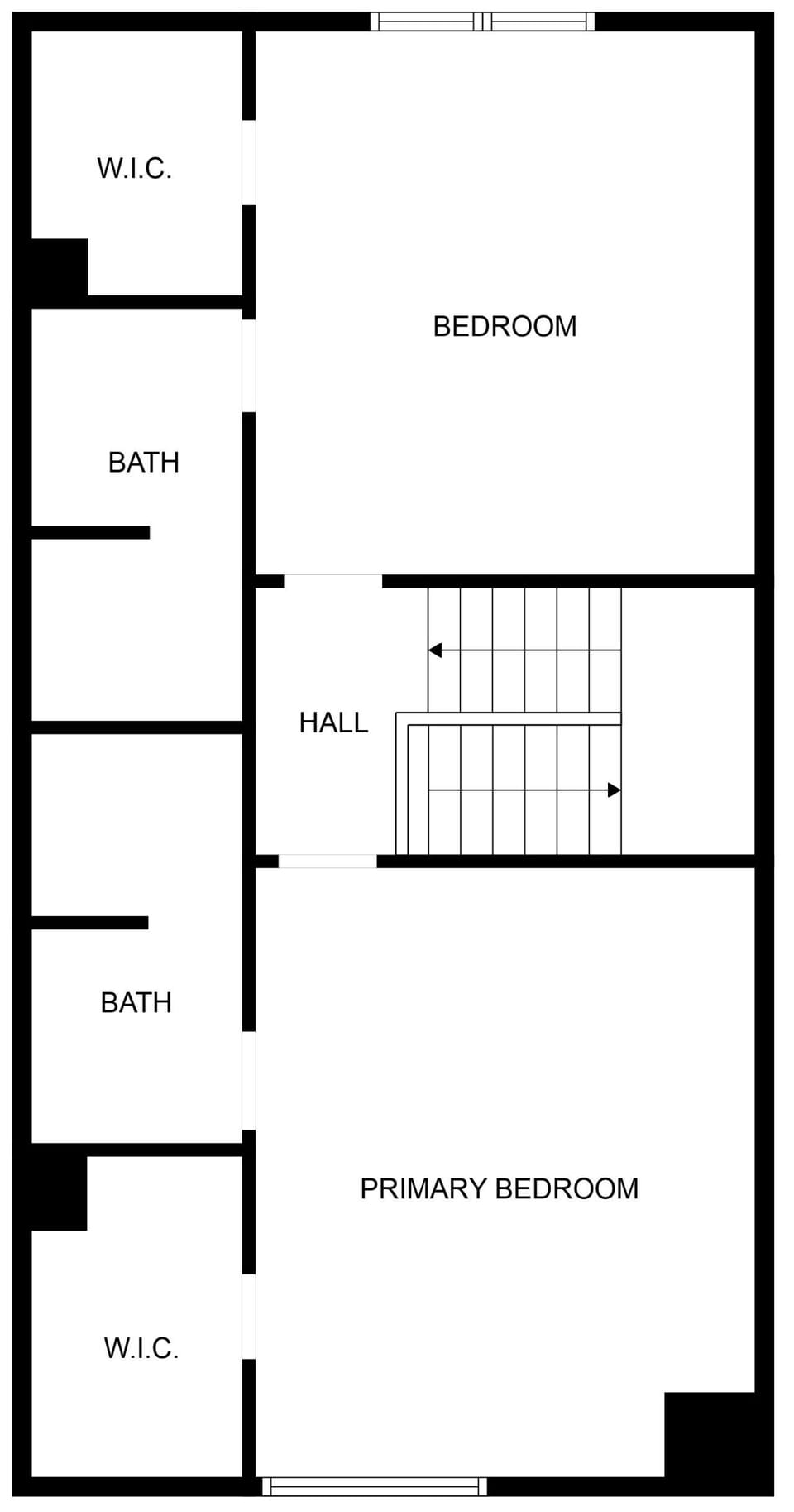 Second-floor layout showing upstairs bedrooms, bathrooms, and hallway