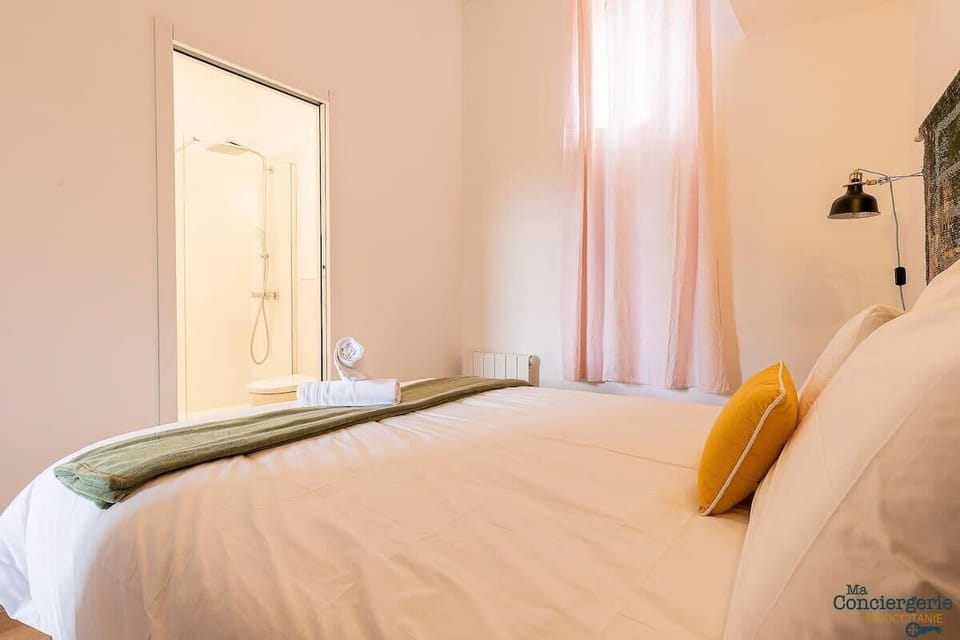 Vue d'ensemble de la chambre avec sa salle d'eau attenante

