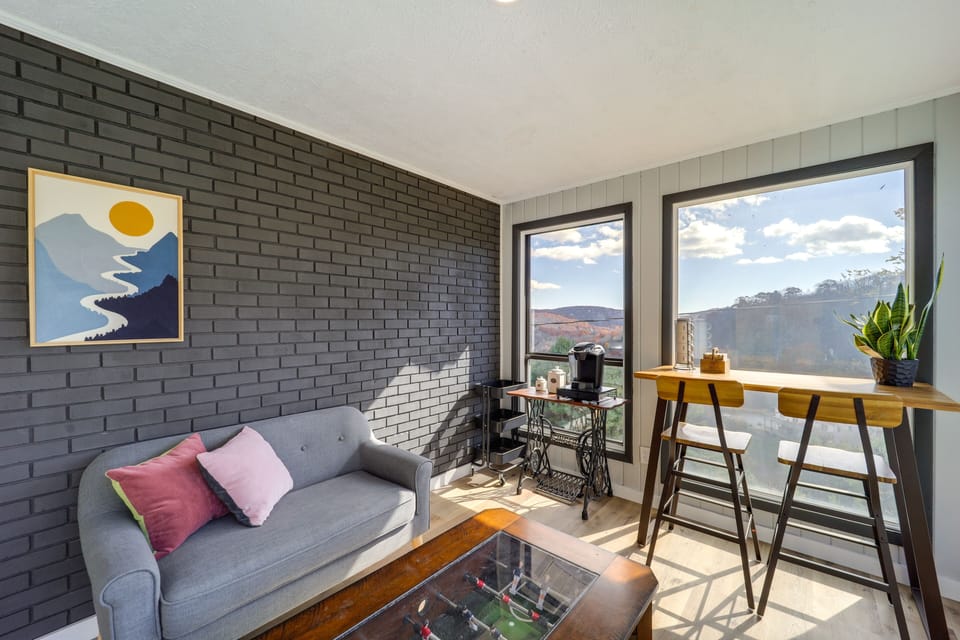 Sunroom | Expansive Mountain Views | Foosball Coffee Table