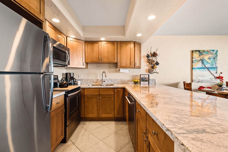 Granite countertops and ample cupboard space