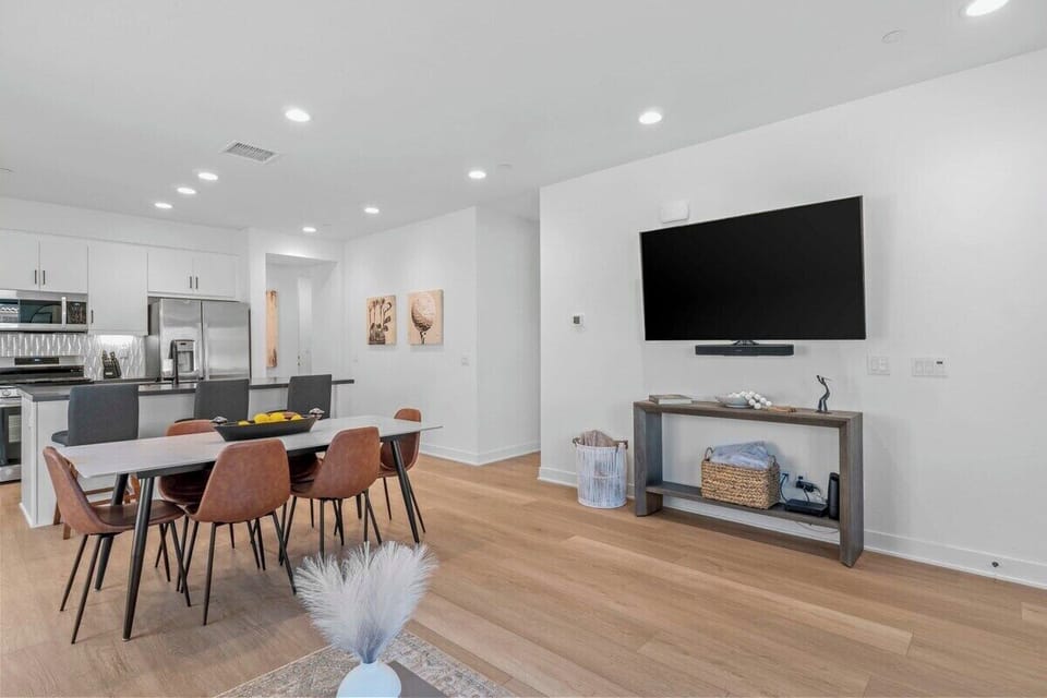 The TV features a sound bar perfect for movie night.