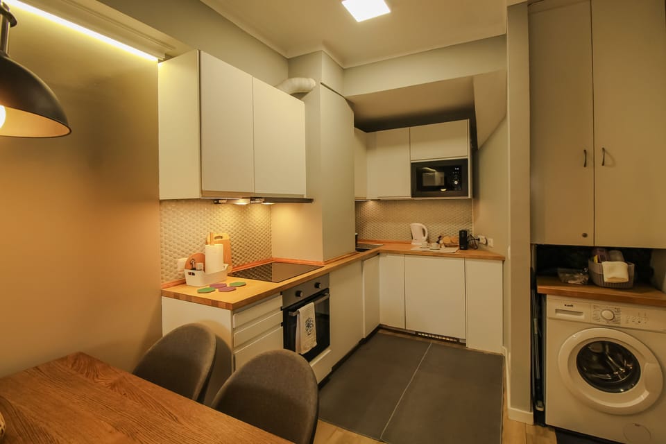 Everything you need in a kitchen, including washing machine for your clothes.