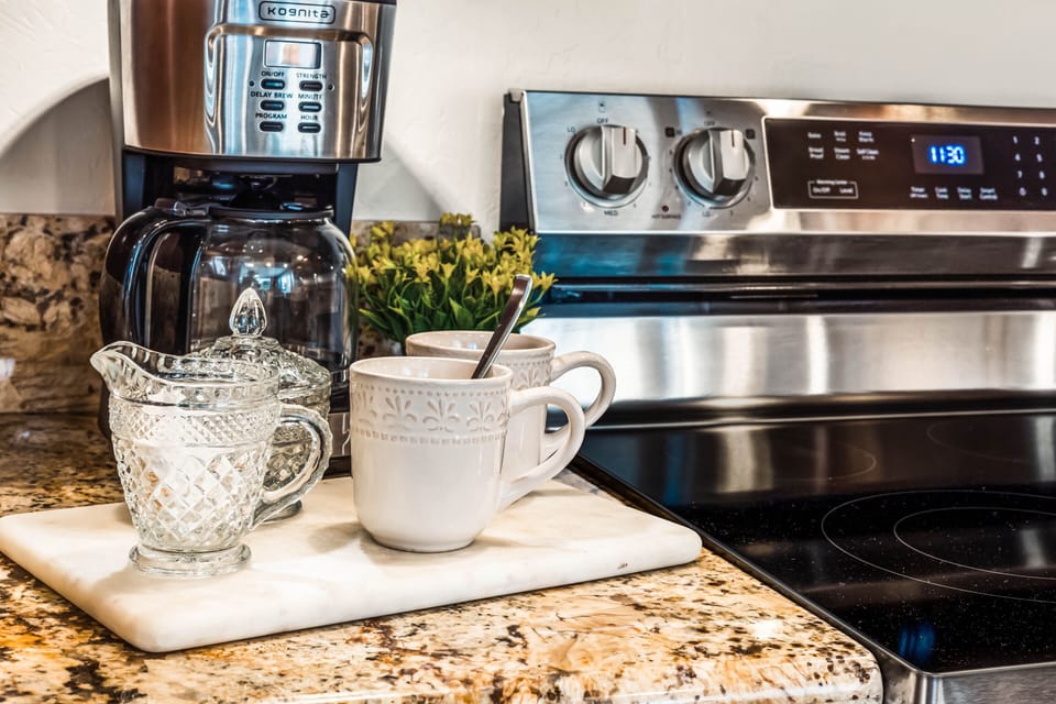 High-quality dishware, drip coffee maker, and other essential utensils provided