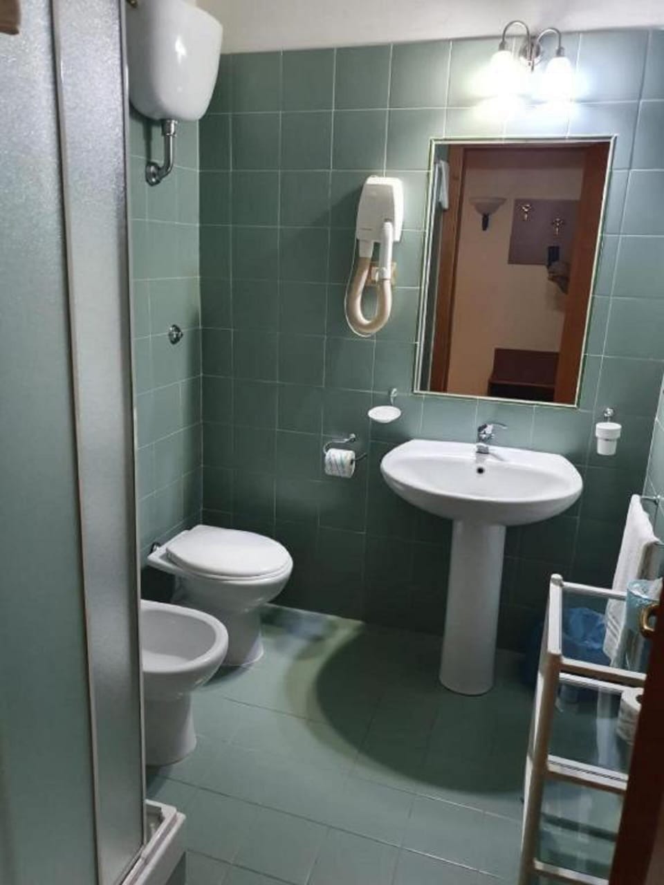 Hair dryer, bathrobes, towels, soap