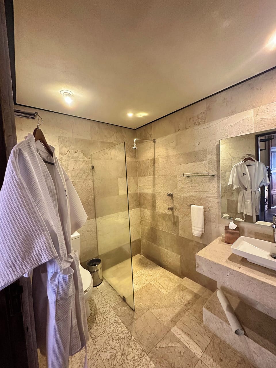 Shower, designer toiletries, hair dryer, bathrobes