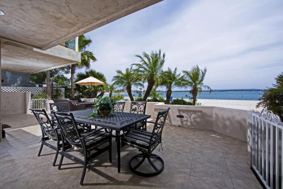 Front Patio with seating and bay views