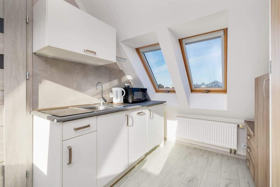 A compact kitchen with white cabinets, stainless steel appliances, and skylight windows.

