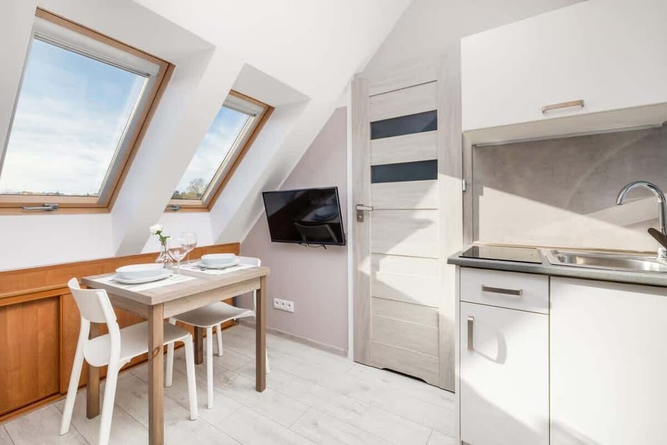 An open-plan attic kitchen and dining area with modern furnishings and skylights.

