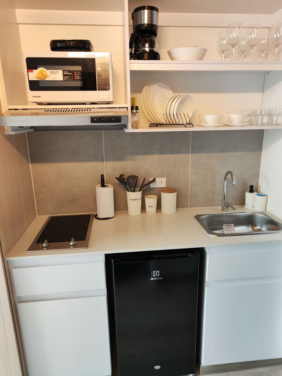 Mini-fridge, microwave, coffee grinder, griddle