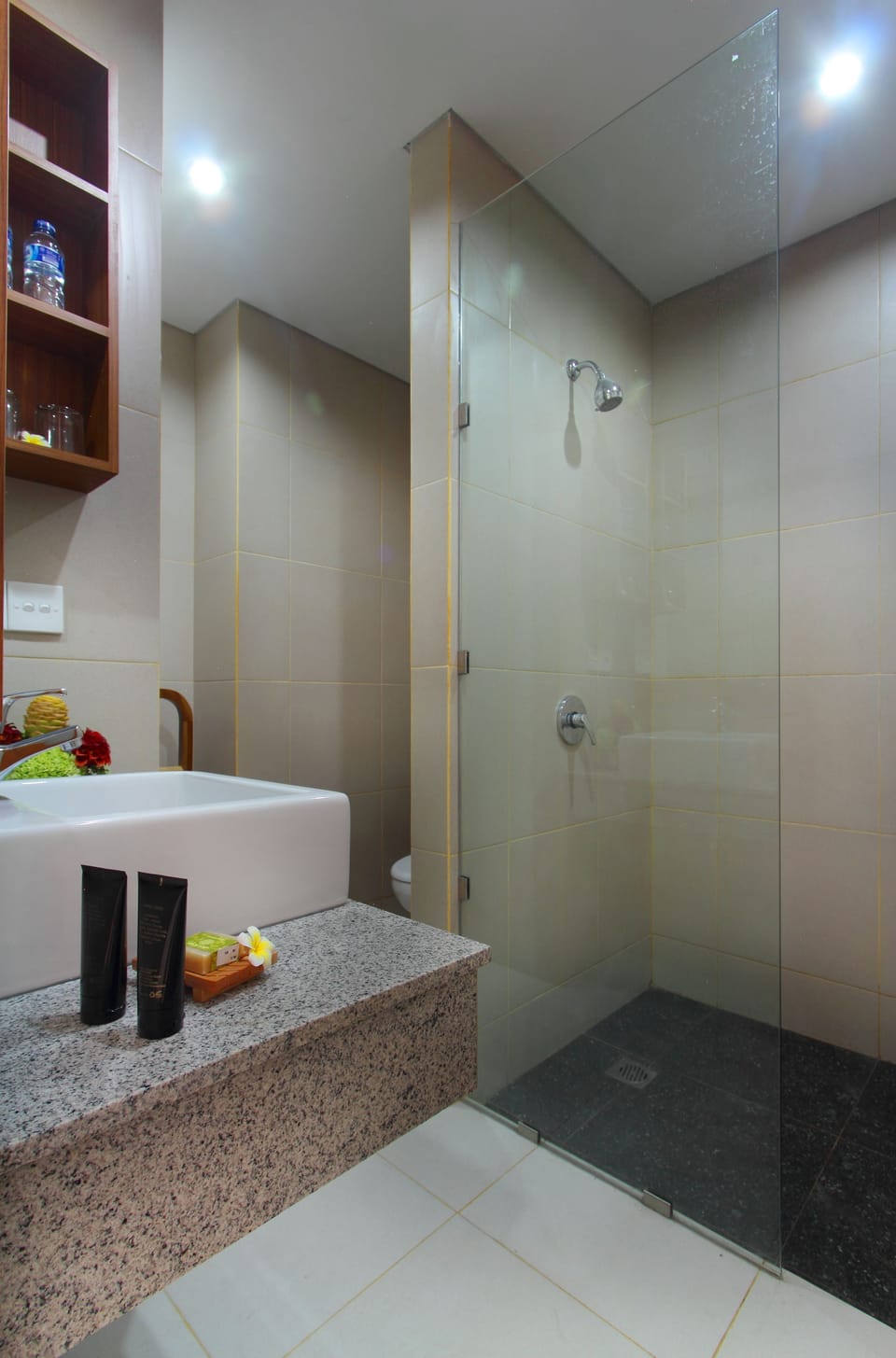 Shower, rainfall showerhead, free toiletries, hair dryer