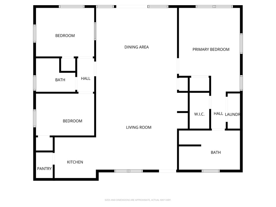 Clear floor plan shows spacious layout with three bedrooms, two bathrooms, kitchen, dining, and living areas for your perfect getaway.