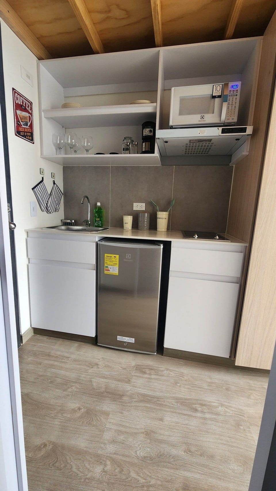 Mini-fridge, microwave, dishwasher, coffee grinder