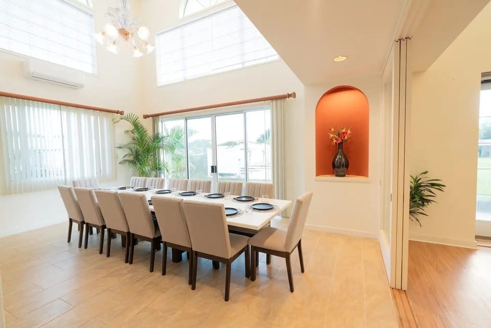 Dining room with a large table to seat 16.