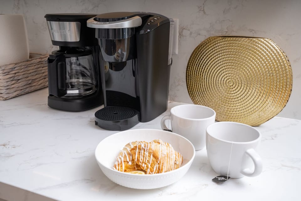 We provide coffee for your stay, cream and sugar, and both a dri
