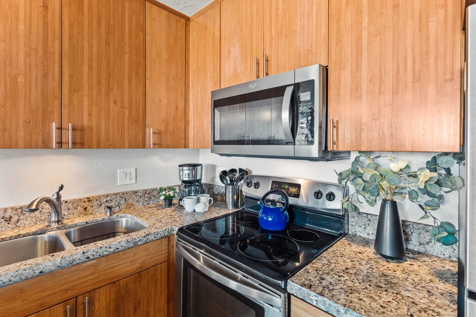 Drip coffee maker, kettle, dishware, and essential pots and pans