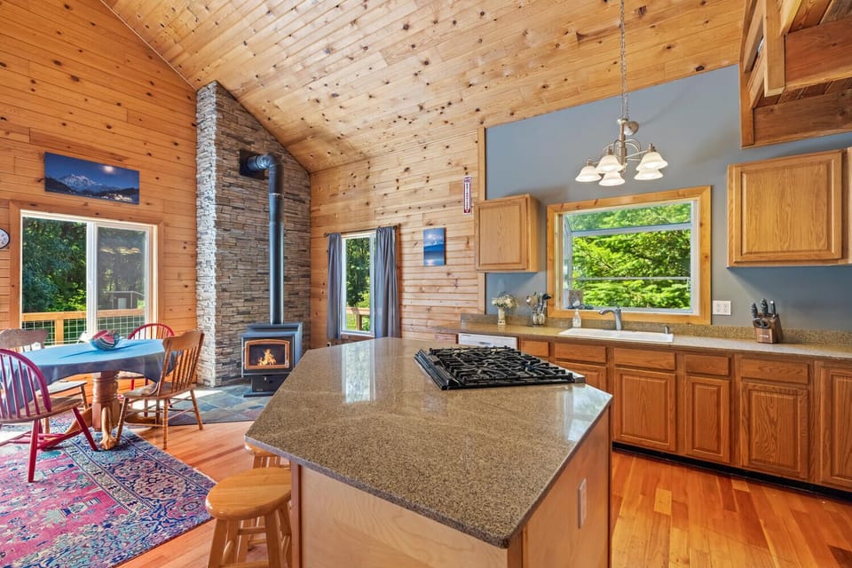 Kitchen and fireplace.