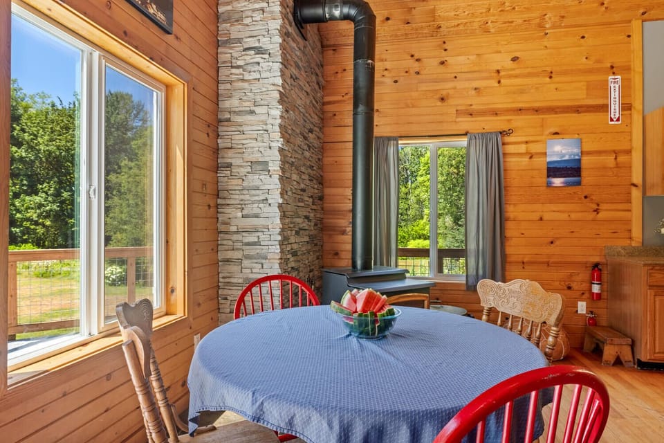 Dining table overlooking yard.