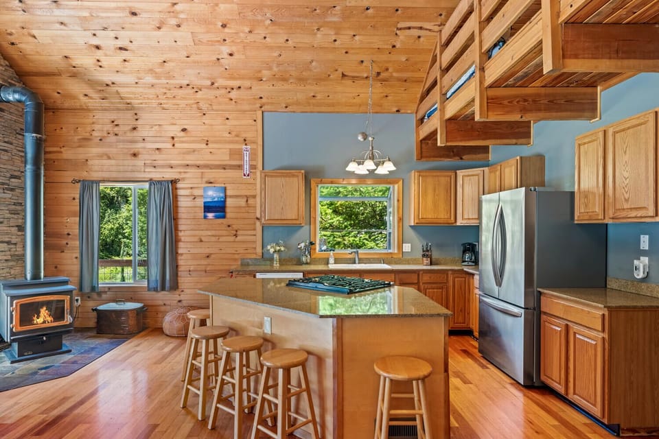 Dining table and woodstove.