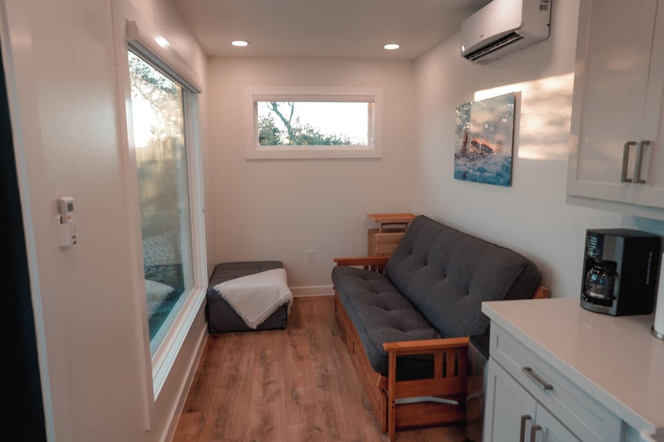Container 3: Sofa bed and ottoman with an outdoor view