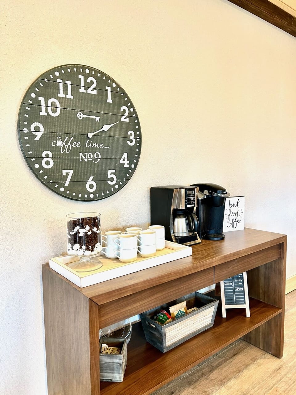 Your dedicated coffee and tea bar is fully stocked. 