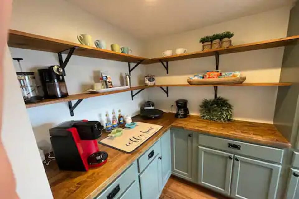 Fully stocked coffee bar with snacks!