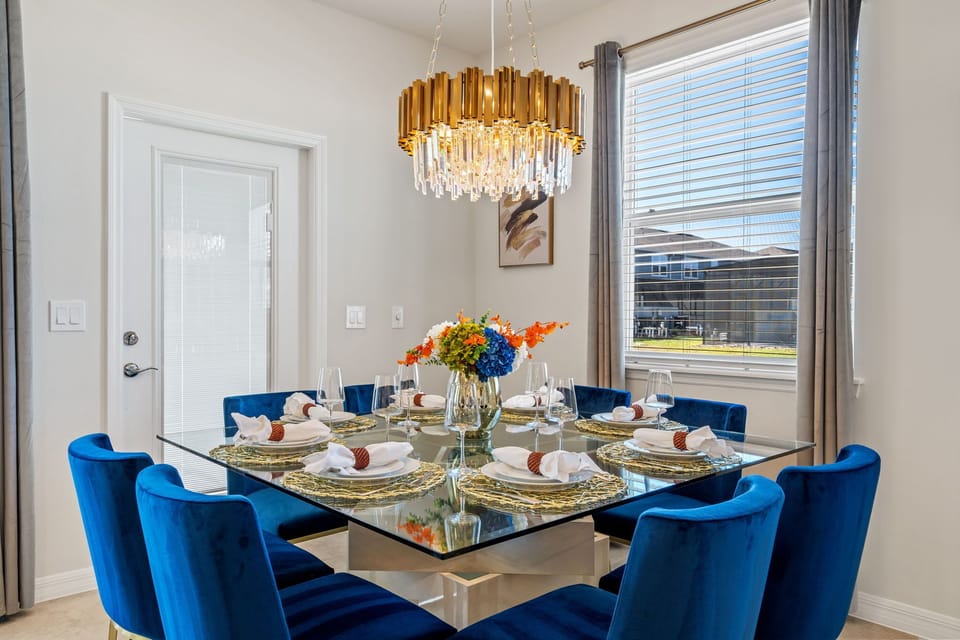 Dine stylishly with a table seating eight in our chic dining room.