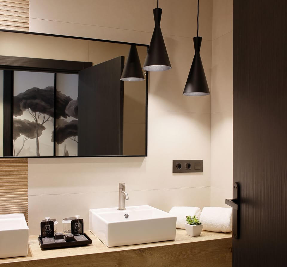 Shower, rainfall showerhead, free toiletries, hair dryer