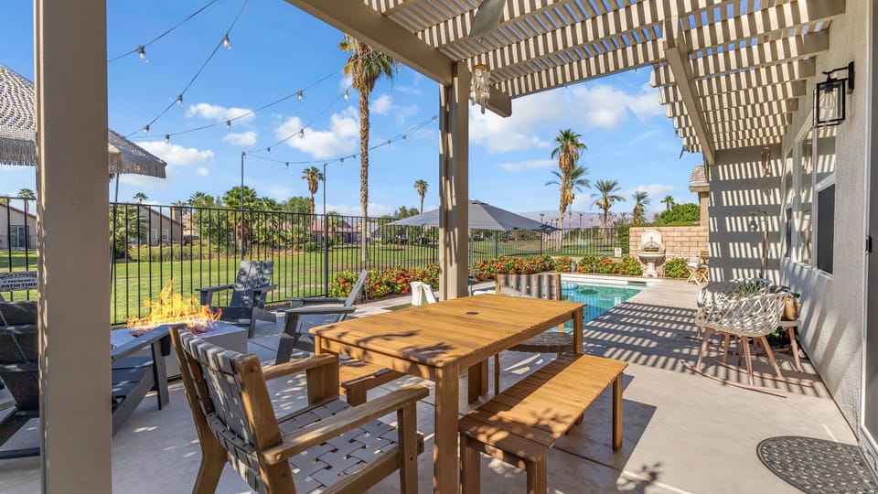 🏡  Resort-Style Outdoor Space  Your private backyard sanctuary with pool, fire pit, and golf course views offers the perfect blend of comfort and style for your Indio getaway.