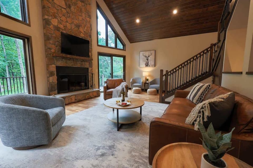Great room with large wood burning fireplace.