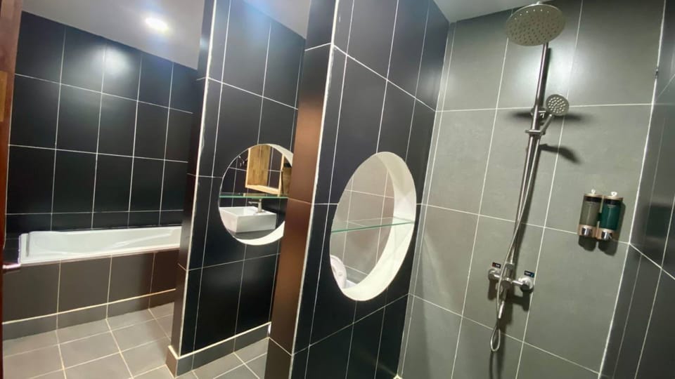 Hydromassage showerhead, free toiletries, hair dryer, bathrobes