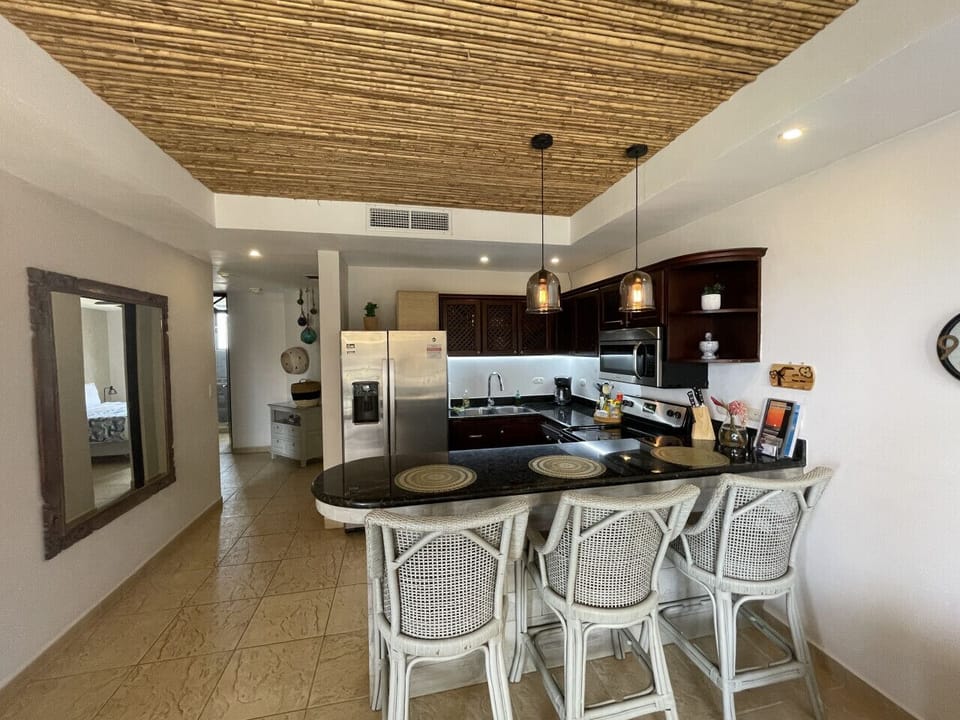 Fully equipped kitchen with stainless appliances, microwave, dishwasher and coffee maker, etc.