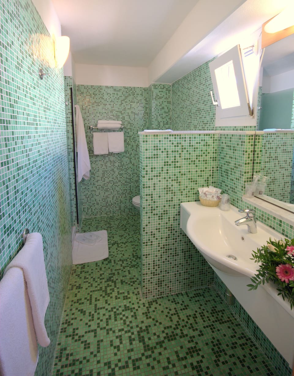 Shower, rainfall showerhead, free toiletries, hair dryer