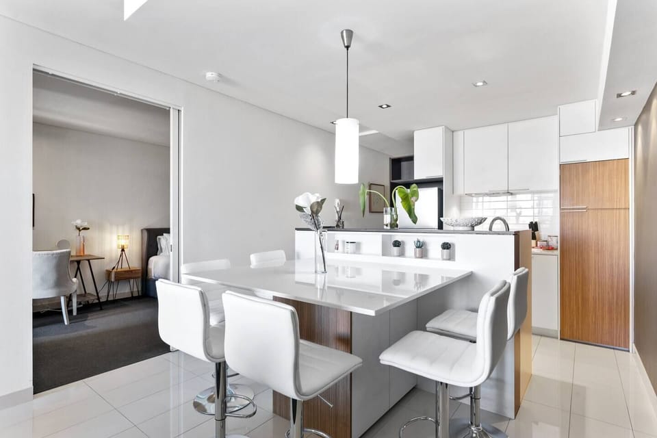 Bright dining area with seating for six.