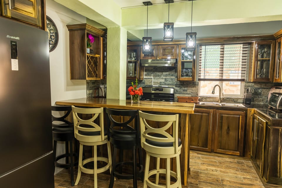Luxury Condo | Private kitchen | Full-size fridge, microwave, oven, stovetop